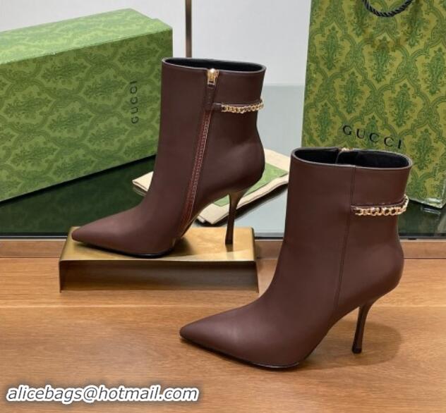 Buy Luxury Gucci Leather Ankle Boots 10.5cm with GUCCI Chain Brown 1014053