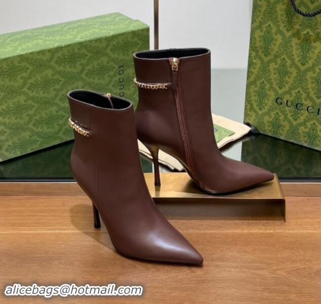 Buy Luxury Gucci Leather Ankle Boots 10.5cm with GUCCI Chain Brown 1014053