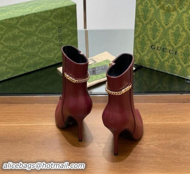 Good Product Gucci Leather Ankle Boots 10.5cm with GUCCI Chain Burgundy 1014054