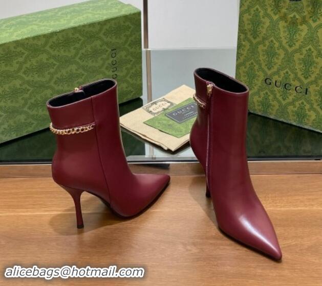 Good Product Gucci Leather Ankle Boots 10.5cm with GUCCI Chain Burgundy 1014054