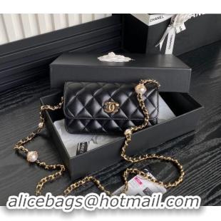 Buy Discount Chanel Shiny Lambskin Flap Phone Holder with Chain AP4284 Black 2024