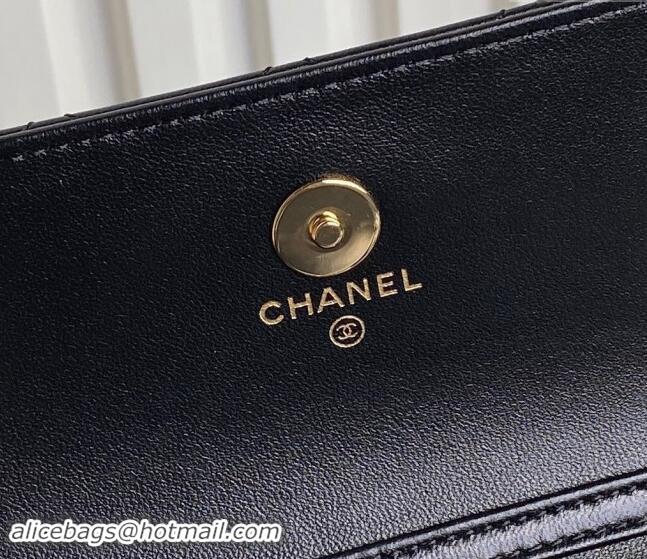 Buy Discount Chanel Shiny Lambskin Flap Phone Holder with Chain AP4284 Black 2024