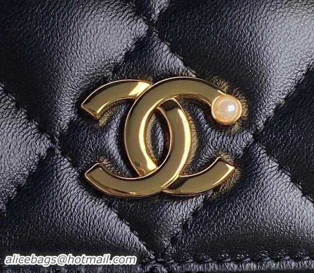 Buy Discount Chanel Shiny Lambskin Flap Phone Holder with Chain AP4284 Black 2024