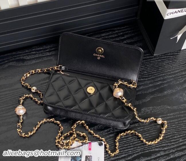 Buy Discount Chanel Shiny Lambskin Flap Phone Holder with Chain AP4284 Black 2024