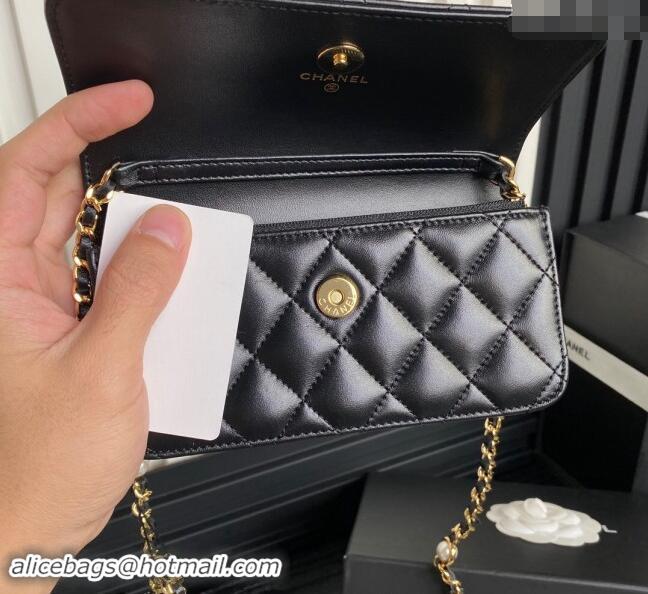 Buy Discount Chanel Shiny Lambskin Flap Phone Holder with Chain AP4284 Black 2024