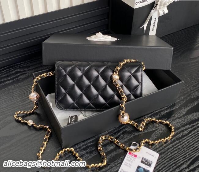 Buy Discount Chanel Shiny Lambskin Flap Phone Holder with Chain AP4284 Black 2024