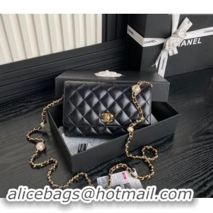 Trendy Design Chanel Shiny Lambskin Wallet on Chain WOC with Pearls AP4282 Black 2024