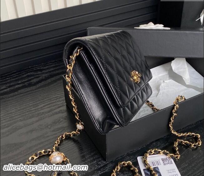 Trendy Design Chanel Shiny Lambskin Wallet on Chain WOC with Pearls AP4282 Black 2024