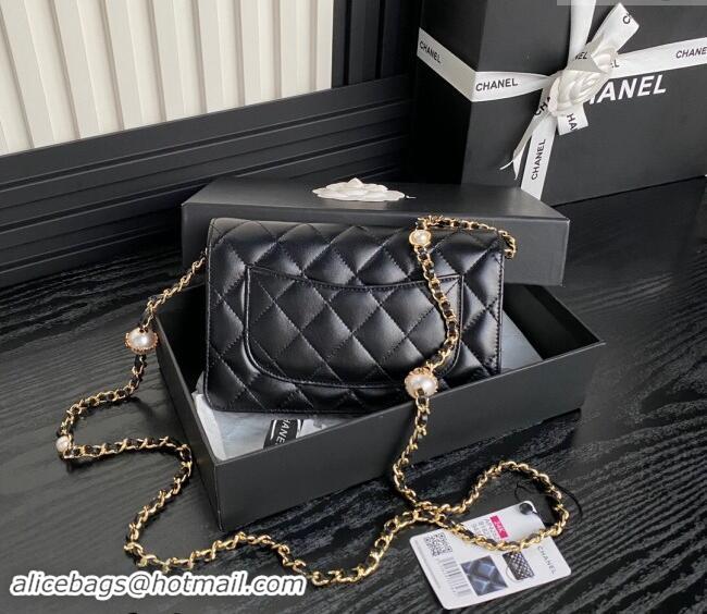 Trendy Design Chanel Shiny Lambskin Wallet on Chain WOC with Pearls AP4282 Black 2024