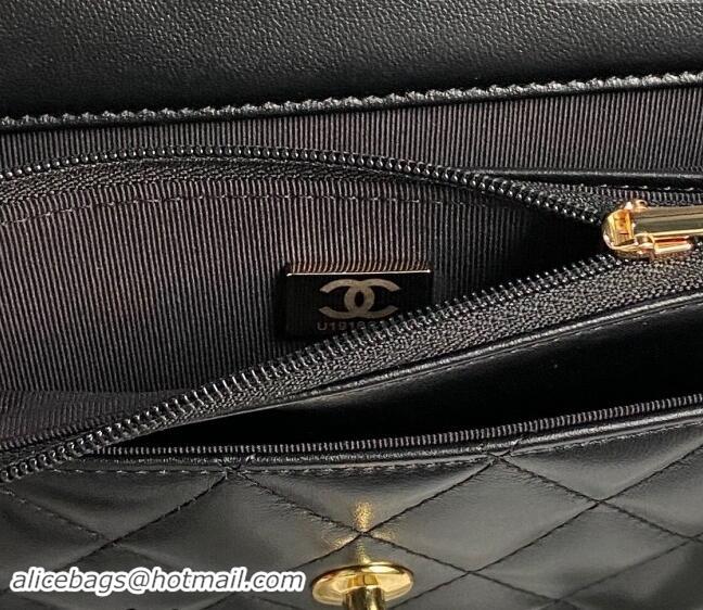 Trendy Design Chanel Shiny Lambskin Wallet on Chain WOC with Pearls AP4282 Black 2024