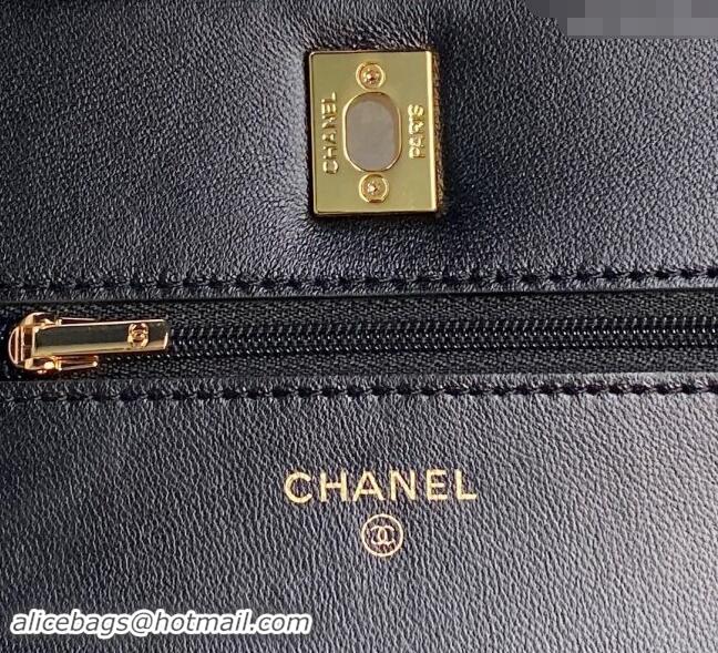 Trendy Design Chanel Shiny Lambskin Wallet on Chain WOC with Pearls AP4282 Black 2024