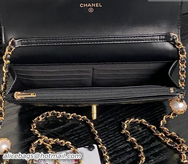 Trendy Design Chanel Shiny Lambskin Wallet on Chain WOC with Pearls AP4282 Black 2024