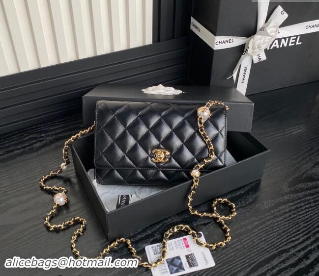 Trendy Design Chanel Shiny Lambskin Wallet on Chain WOC with Pearls AP4282 Black 2024