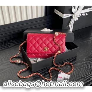 Popular Style Chanel Shiny Lambskin Wallet on Chain WOC with Pearls AP4282 Red 2024