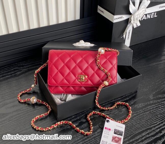 Popular Style Chanel Shiny Lambskin Wallet on Chain WOC with Pearls AP4282 Red 2024