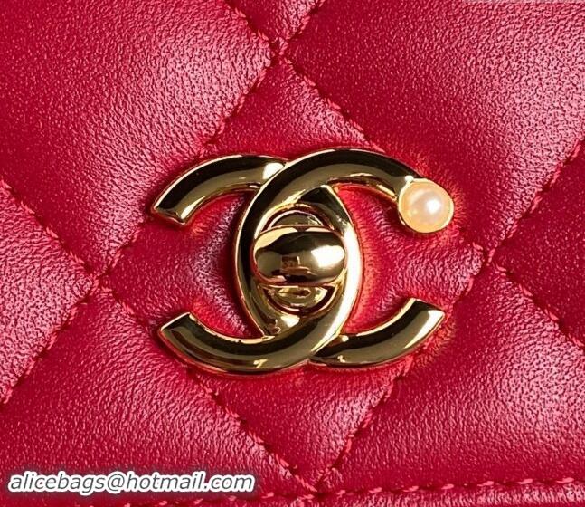 Popular Style Chanel Shiny Lambskin Wallet on Chain WOC with Pearls AP4282 Red 2024