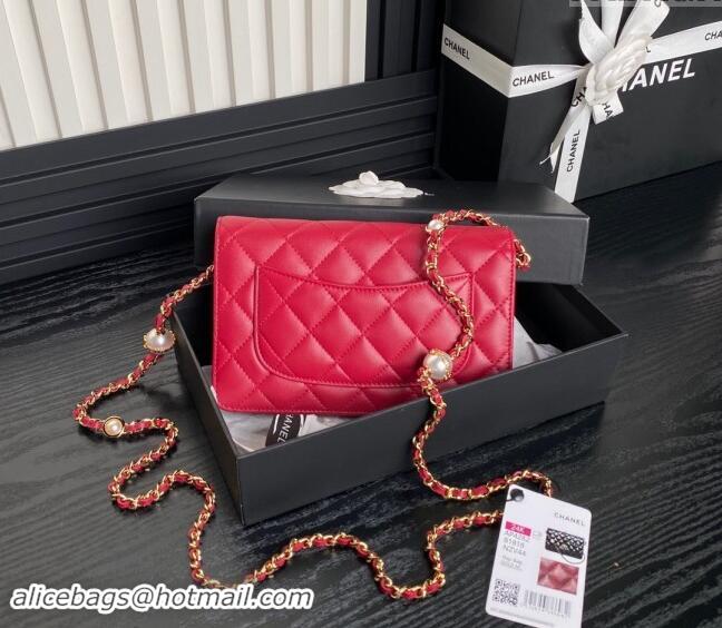 Popular Style Chanel Shiny Lambskin Wallet on Chain WOC with Pearls AP4282 Red 2024