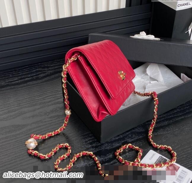 Popular Style Chanel Shiny Lambskin Wallet on Chain WOC with Pearls AP4282 Red 2024