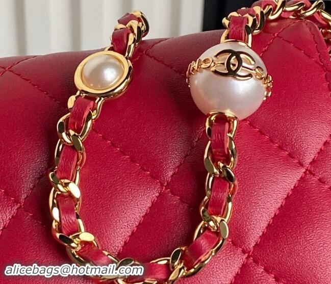 Popular Style Chanel Shiny Lambskin Wallet on Chain WOC with Pearls AP4282 Red 2024