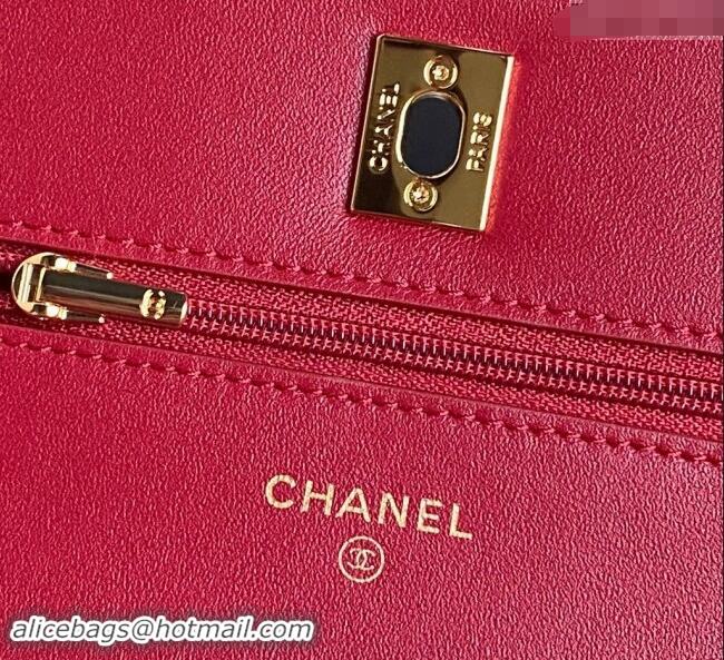 Popular Style Chanel Shiny Lambskin Wallet on Chain WOC with Pearls AP4282 Red 2024