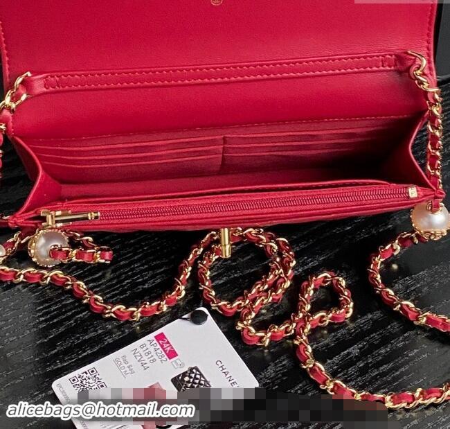 Popular Style Chanel Shiny Lambskin Wallet on Chain WOC with Pearls AP4282 Red 2024