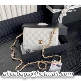 New Style Chanel Shiny Lambskin Wallet on Chain WOC with Pearls AP4282 White 2024