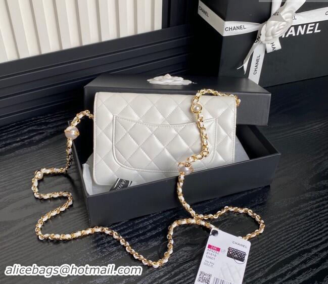 New Style Chanel Shiny Lambskin Wallet on Chain WOC with Pearls AP4282 White 2024