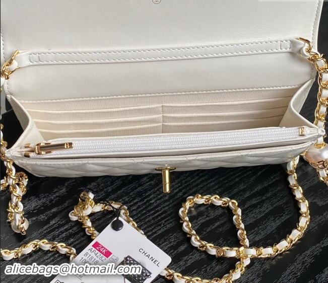 New Style Chanel Shiny Lambskin Wallet on Chain WOC with Pearls AP4282 White 2024