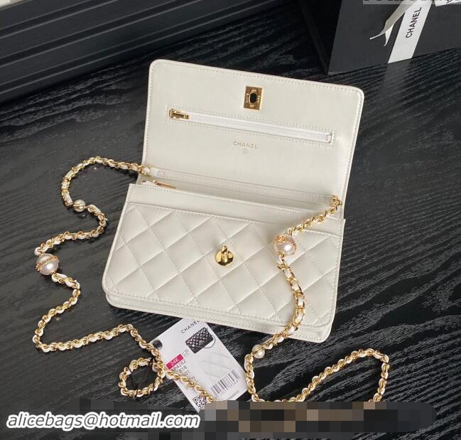 New Style Chanel Shiny Lambskin Wallet on Chain WOC with Pearls AP4282 White 2024