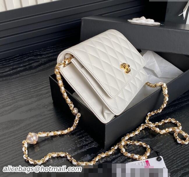 New Style Chanel Shiny Lambskin Wallet on Chain WOC with Pearls AP4282 White 2024