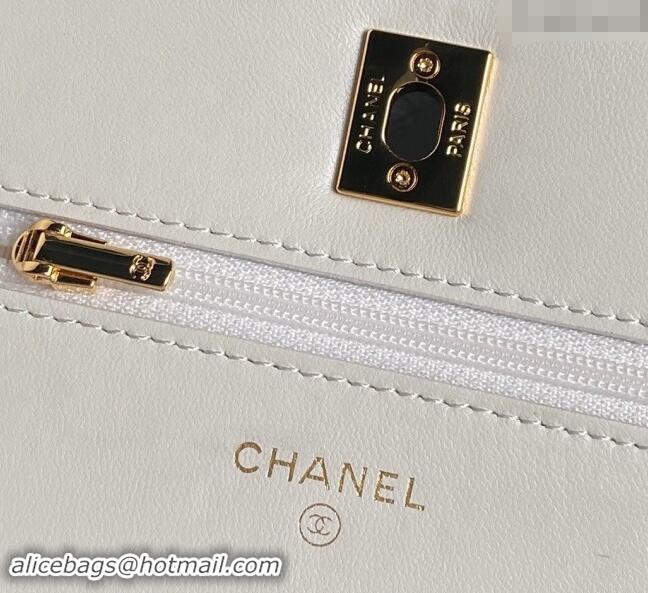 New Style Chanel Shiny Lambskin Wallet on Chain WOC with Pearls AP4282 White 2024