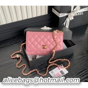 Top Design Chanel Shiny Lambskin Wallet on Chain WOC with Pearls AP4282 Pink 2024