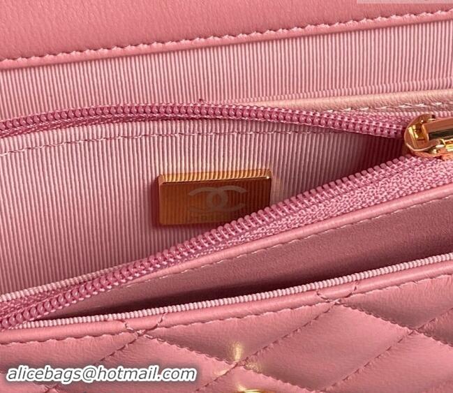 Top Design Chanel Shiny Lambskin Wallet on Chain WOC with Pearls AP4282 Pink 2024