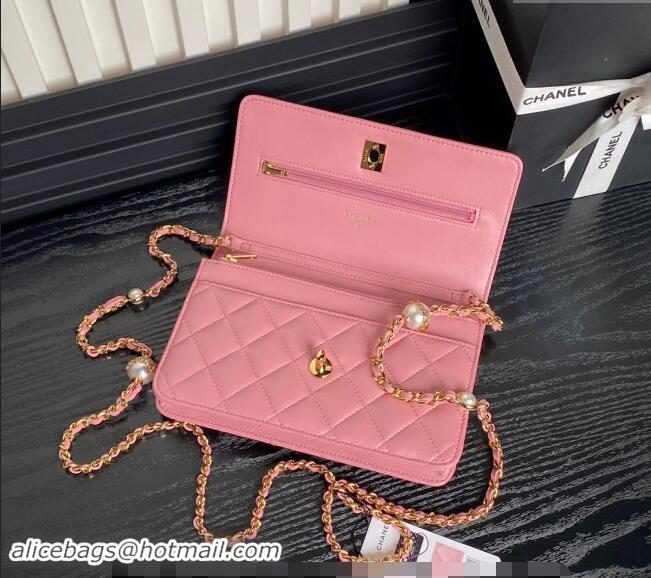 Top Design Chanel Shiny Lambskin Wallet on Chain WOC with Pearls AP4282 Pink 2024