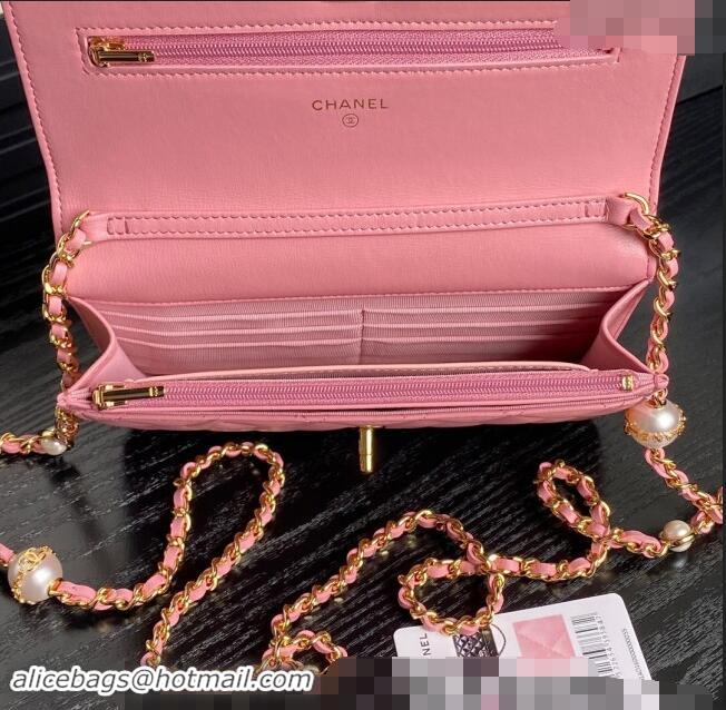 Top Design Chanel Shiny Lambskin Wallet on Chain WOC with Pearls AP4282 Pink 2024