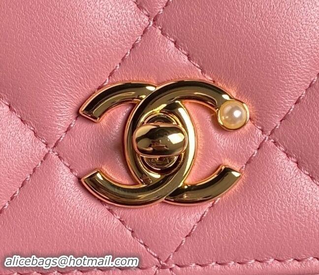 Top Design Chanel Shiny Lambskin Wallet on Chain WOC with Pearls AP4282 Pink 2024