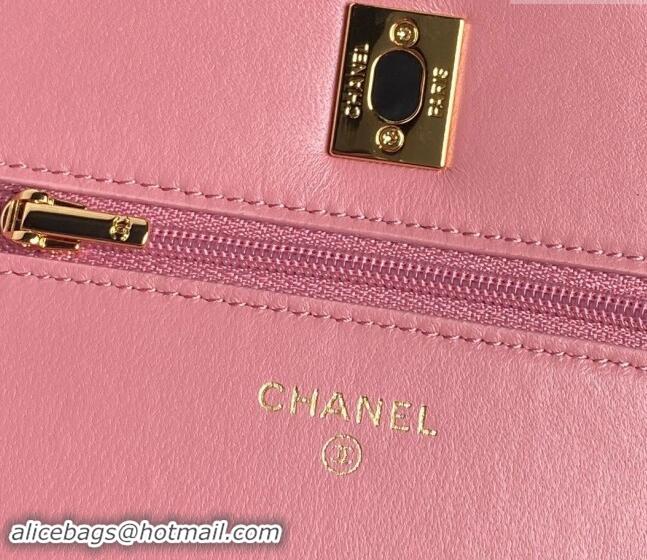 Top Design Chanel Shiny Lambskin Wallet on Chain WOC with Pearls AP4282 Pink 2024