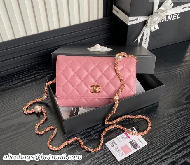 Top Design Chanel Shiny Lambskin Wallet on Chain WOC with Pearls AP4282 Pink 2024