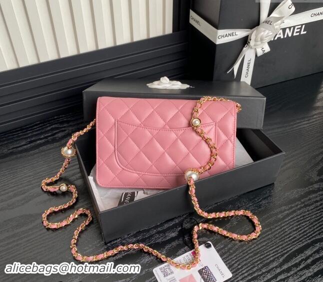 Top Design Chanel Shiny Lambskin Wallet on Chain WOC with Pearls AP4282 Pink 2024