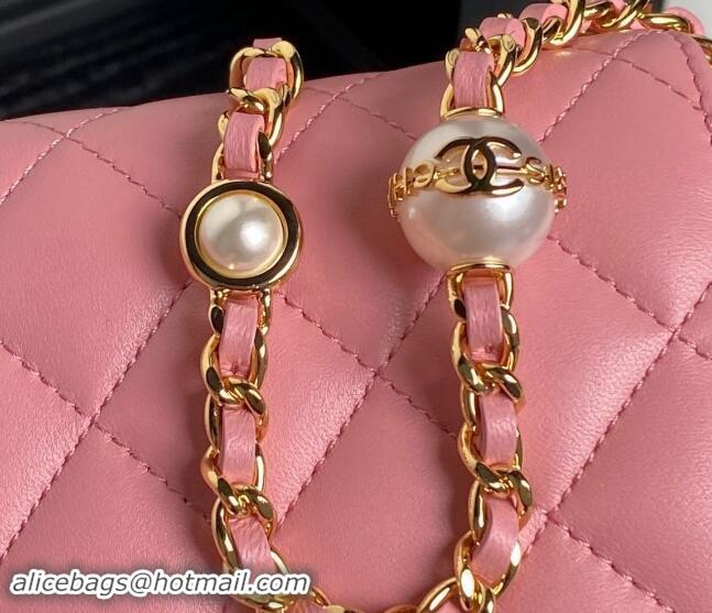 Top Design Chanel Shiny Lambskin Wallet on Chain WOC with Pearls AP4282 Pink 2024