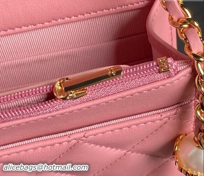 Top Design Chanel Shiny Lambskin Wallet on Chain WOC with Pearls AP4282 Pink 2024