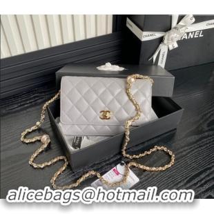 Top Design Chanel Shiny Lambskin Wallet on Chain WOC with Pearls AP4282 Grey 2024