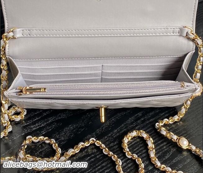 Top Design Chanel Shiny Lambskin Wallet on Chain WOC with Pearls AP4282 Grey 2024