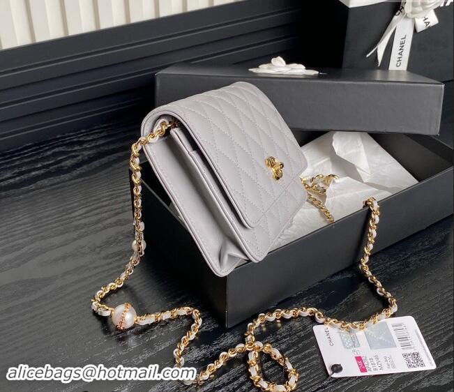 Top Design Chanel Shiny Lambskin Wallet on Chain WOC with Pearls AP4282 Grey 2024