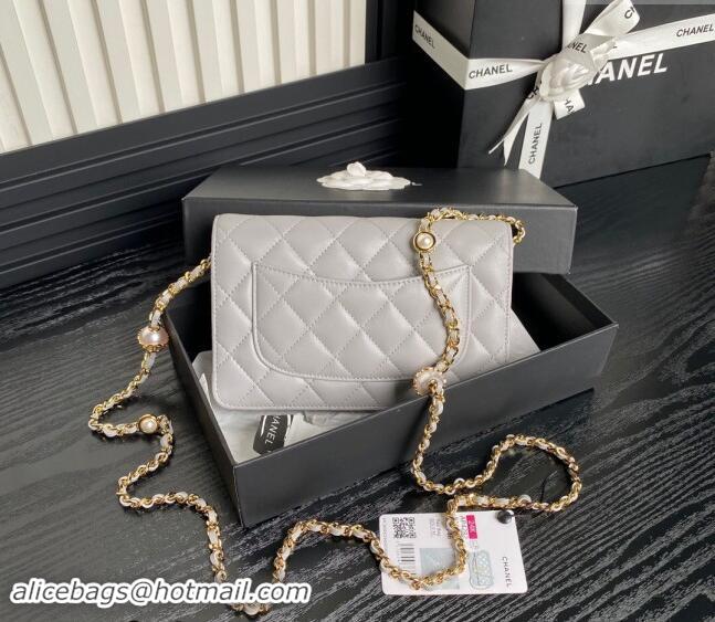 Top Design Chanel Shiny Lambskin Wallet on Chain WOC with Pearls AP4282 Grey 2024