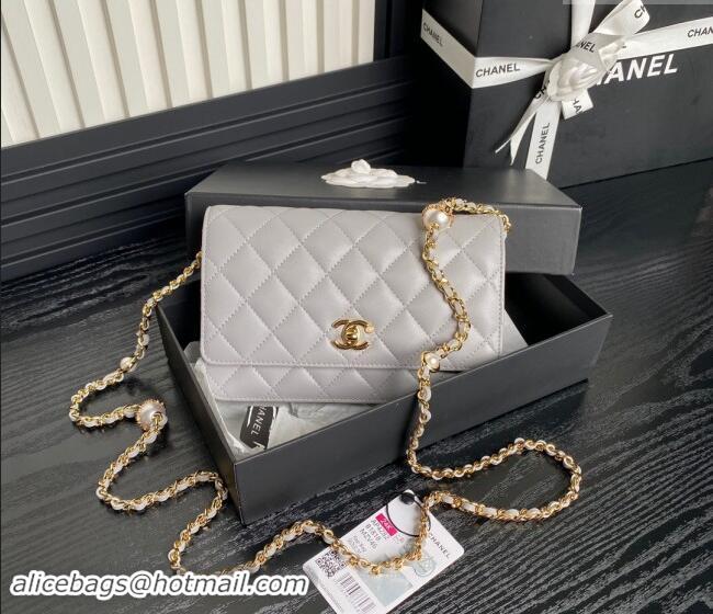 Top Design Chanel Shiny Lambskin Wallet on Chain WOC with Pearls AP4282 Grey 2024