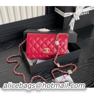 Best Quality Chanel Lambskin Wallet on Chain WOC AP4299 Red 2024