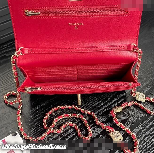 Best Quality Chanel Lambskin Wallet on Chain WOC AP4299 Red 2024