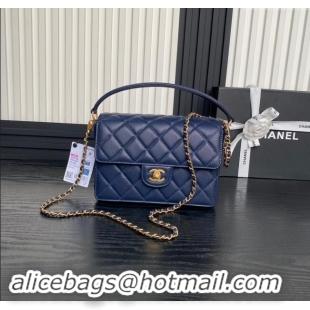 Best Price Chanel Grained Shiny Calfskin Small Flap bag with Top Handle AS5166 Navy Blue 2024