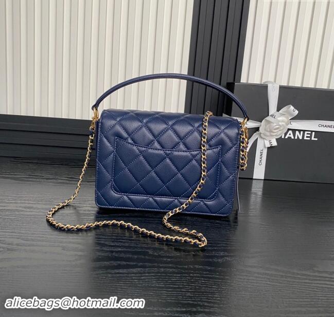 Best Price Chanel Grained Shiny Calfskin Small Flap bag with Top Handle AS5166 Navy Blue 2024